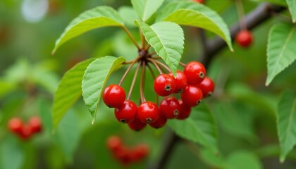 Obraz premium Bountiful harvest of vibrant red berries on a lush green tree