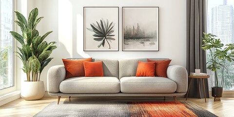 Modern living room with a grey sofa, two orange pillows, and two framed watercolor paintings on the wall.