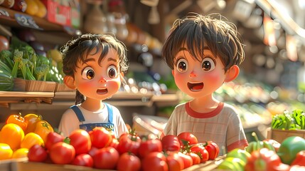 Fototapeta premium Young Boy with Dolls at Greengrocer Market