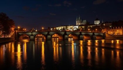 Fototapeta premium Glowing cityscape at night illuminated bridge over calm river