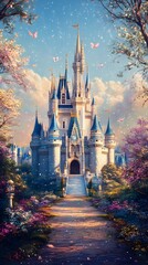 Obraz premium A fairytale castle stands tall, surrounded by vibrant flowers and fluttering butterflies.