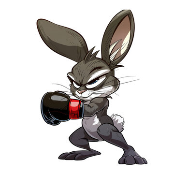 A cartoon rabbit wearing boxing gloves, ready to fight.