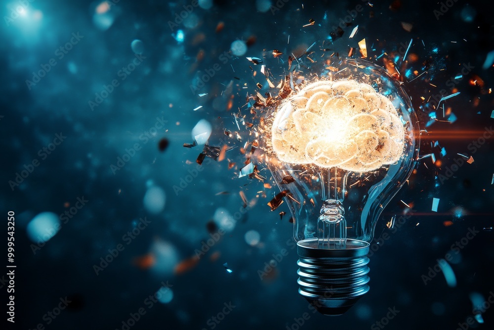 Poster brain power: exploding lightbulb with a glowing brain