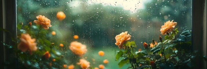 Rainy garden vista through a glass door, soft focus on vibrant flowers, tranquil atmosphere, serene ambiance, nature's beauty in bloom
