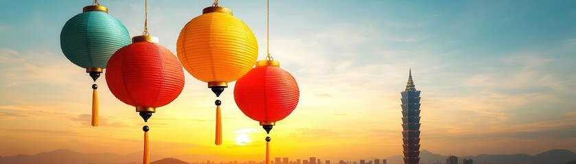 Obraz premium Colorful lanterns against a vibrant sunset sky, creating a festive atmosphere that blends tradition with modernity, symbolizing celebration and cultural heritage.