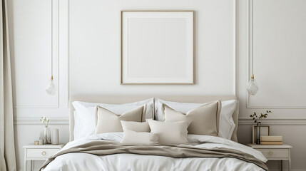 Minimalist Bedroom Interior with White Bed  Frame Mockup  and Modern Lighting