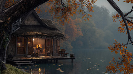 Fototapeta premium Cinematic still of a cabin with a thatched roof and wooden deck by a lake, during the evening, a fireplace is lit on one side of the room