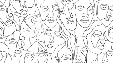 A one-line drawing of many faces, all facing the same direction and in various positions. 