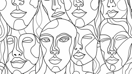 A one-line drawing of many faces, all facing the same direction and in various positions. 