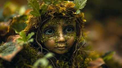 A tiny fairy made of vines and moss, her hair is intertwined with thorny vine flowers.