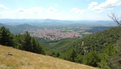 Fototapeta premium Elevated view of a serene valley and town under a clear sky