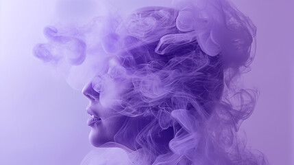 Purple smoke in the shape of a female head profile on a pastel purple background, fluid art with minimalism and elegance.