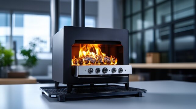 Modern Black Furnace with Flames in Stylish Interior