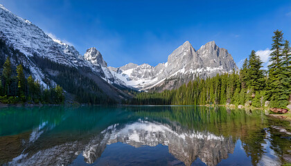 A breathtaking mountain landscape with rocky snow-capped peaks towering over a crystal-clear  3