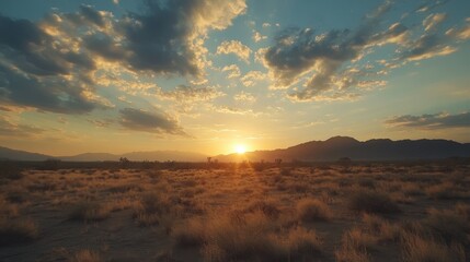 Obraz premium Stunning Desert Sunset with Dramatic Clouds and Golden Light Over a Vast Arid Landscape