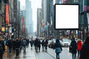 Obraz premium Crowded urban scene with skyscrapers, pedestrians, and large empty ad space