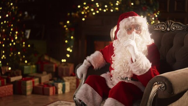 Magic and secret of Christmas, Santa Claus showing silent gesture, portrait. Merry Xmas and happy New Year, zooming shot from medium to closeup of old man face, fabulous night in Xmas Eve, fairytale