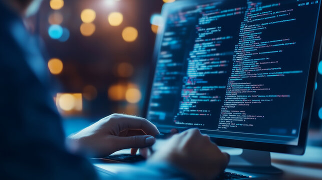 A close-up view of a developer writing Python and JavaScript code for an app development project. The screen shows well-organized Python functions handling backend logic and JavaSc