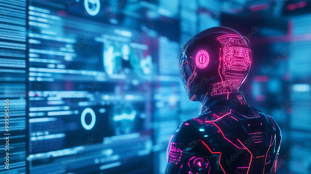 Poster a futuristic robot equipped with advanced ai, standing in a high-tech environment. the robot's sleek