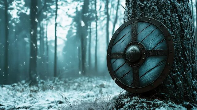 Viking Shield in Snowy Forest Setting