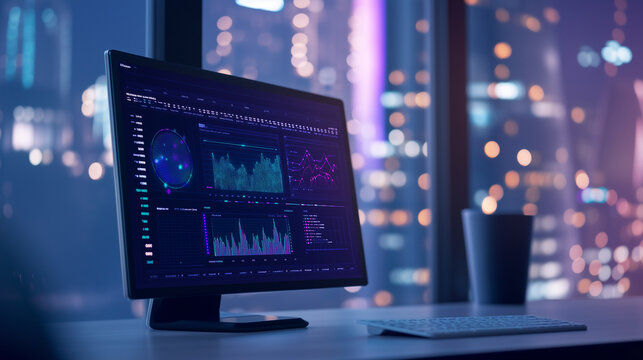 A modern dashboard displaying machine learning charts that track algorithm performance and data trends in real time. The charts feature key indicators such as model accuracy and pr