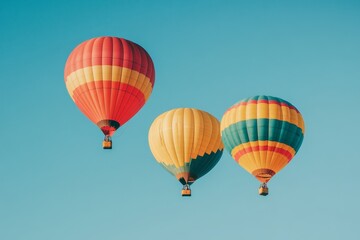 Fototapeta premium Three vibrant hot air balloons floating in a bright blue sky on a sunny day