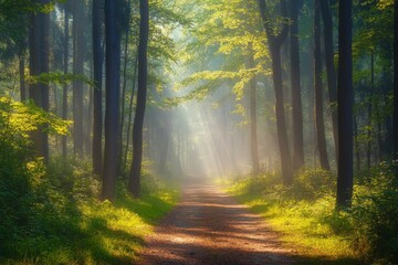 Obraz premium Sunbeams illuminate a misty forest path, creating a magical atmosphere with vibrant green foliage