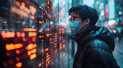 A man wearing a face mask looks at a stock ticker in a city.