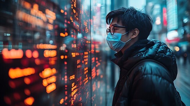 A man wearing a face mask looks at a stock ticker in a city.