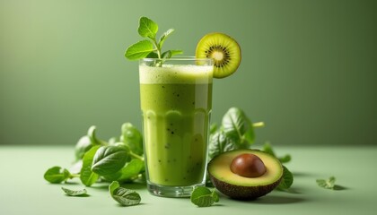  Fresh and healthy green smoothie with avocado and kiwi