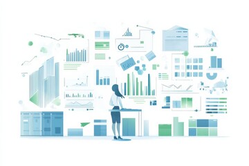 inforgraphic about logistic business, company revenue growth. Color tone are pastel blue, light blue, green, white. Minimalistic style.