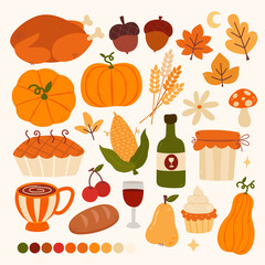 A collection of Thanksgiving-themed illustrations, including pumpkins, acorns, a roasted turkey, pie, bread, a cup of coffee, and other seasonal harvest elements, all in warm, earthy tones