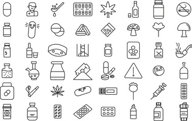 Healthcare and Medicine - Drugs, Pills and Pharmacy icon set. Thin line art Editable Stroke icon set.