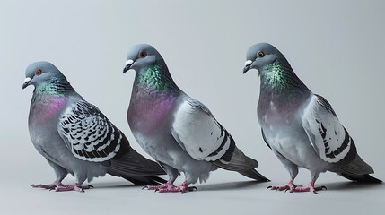 There are several lifelike pigeons standing next to them on a simple grey backdrop