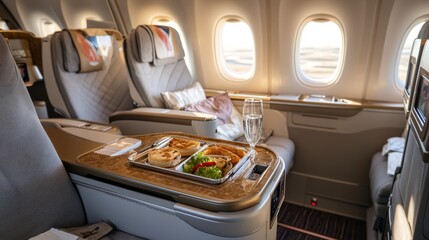 Emirates airline business class interior with food tray. Emirates is the flag carriers of the United Arab Emirates.