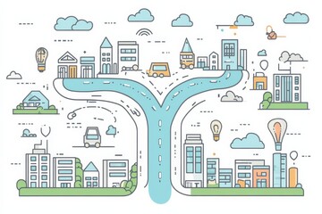 inforgraphic about cartoon road map of business, company revenue growth. Color tone are blue, light blue, grren, white. Minimalistic style.