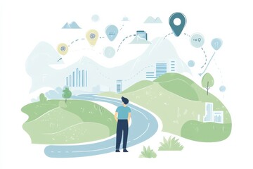 Obraz premium inforgraphic about cartoon road map of business, company revenue growth. Color tone are blue, light blue, grren, white. Minimalistic style.