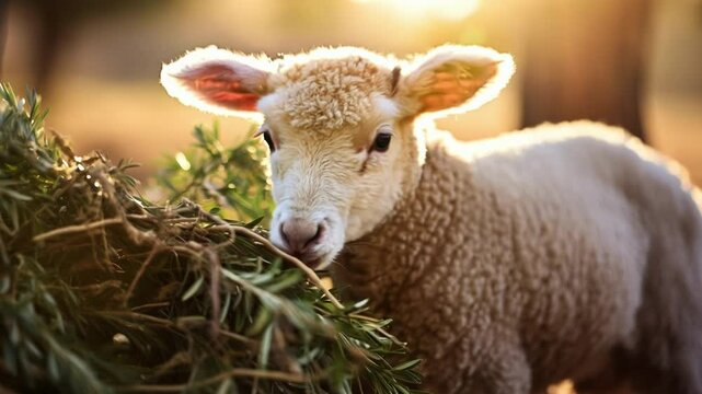 Lamb is eating leaves in a field bathed in the warm light of the setting sun. This adorable animal brings to mind images of spring and new beginnings