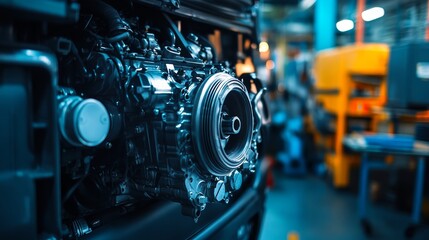 Fototapeta premium Automotive Services Coach Bus Diesel Engine Restoration. Rebuilding Powertrain. Transportation Industry Theme