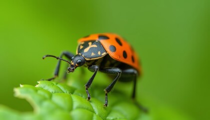 Fototapeta premium Vibrant Ladybug on a Leafy Green Stage