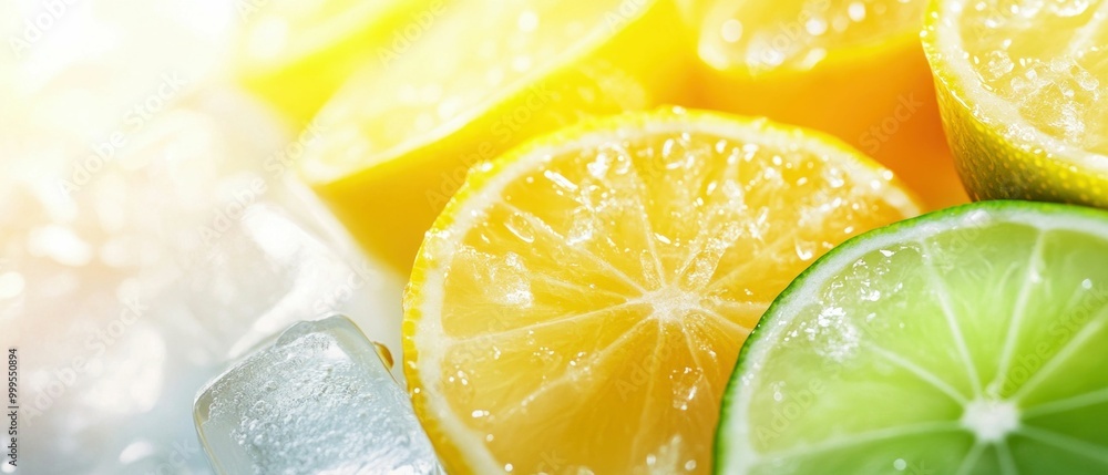 Poster refreshing lemon and lime slices with ice cubes in bright light