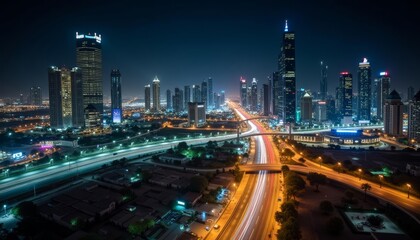 Fototapeta premium Vibrant cityscape at night illuminated by bright lights and bustling with activity