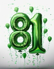 Green birthday / anniversary balloon, number 81, white background with confetti