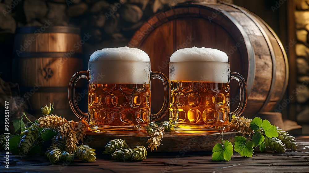 Canvas Prints Three beer mugs with frothy heads, surrounded by hops and wheat, placed on a wooden surface with a barrel in the background