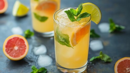 A glass of fresh and refreshing grapefruit lemonade with ice cubes, mint leaves, and citrus fruits on the side. A close-up shot capturing its vibrant color and smooth texture