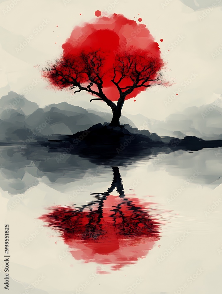 Canvas Prints Watercolor painting of a tree reflecting in a still lake.