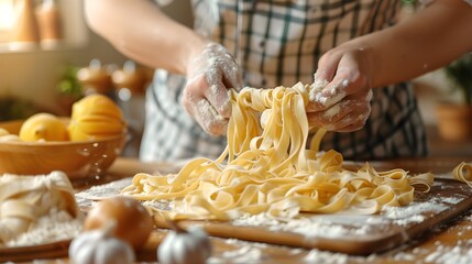 Woman Making Fresh Italian Tagliatelle with Floury Hands