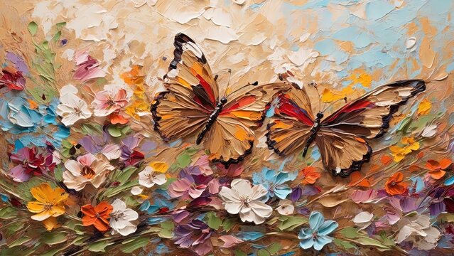 abstract rough brown butterfly and border colorful multicolored organic floral spring flowers, art painting texture, with oil acrylic brushstroke, pallet knife paint on canvas wallpaper