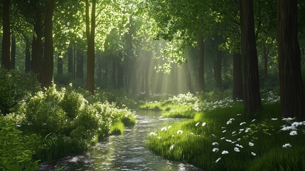 A peaceful forest scene with tall trees, lush green grass, and flowers on the ground. A small stream flows through it, reflecting light from above on its water surface