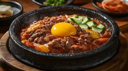 Korean Food in a Stone Bowl with Egg and Vegetables